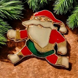 Vintage Santa‎ Claus Pin Enameled Gold Tone Christmas Holiday Mid Kris Kringle